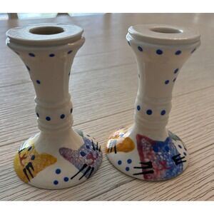 Saii Ceramic Candlestick Holder White Hand Painted Cat Polka Dot Set